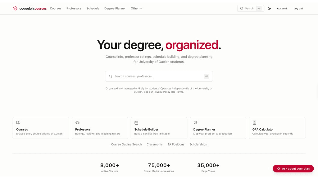 The uoguelph.courses home page with search and links to course, schedule, and degree tools